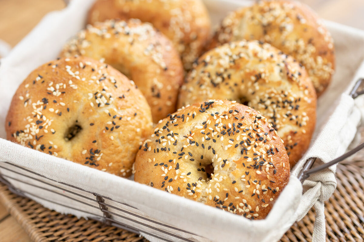 Homemade bagels in a canvas basket