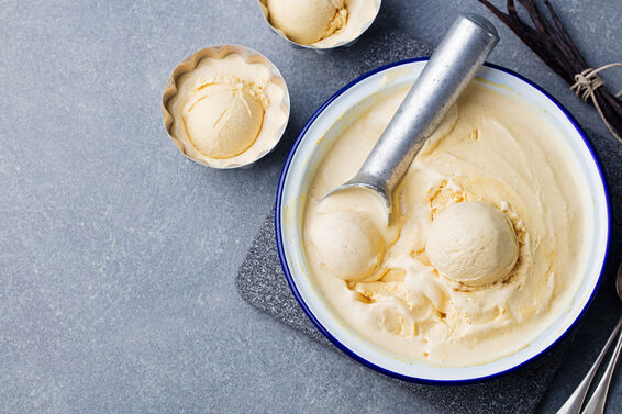 Homemade vanilla, caramel ice cream in vintage bowl