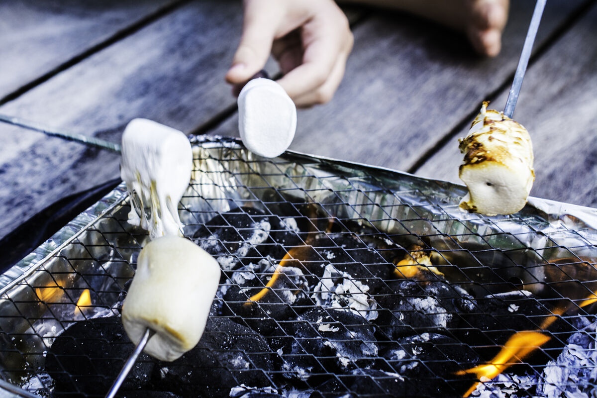 roasting marshmallows over coals in pan
