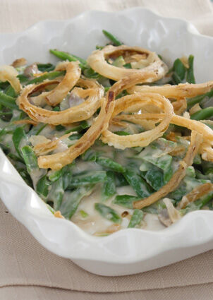 Green bean casserole with onions