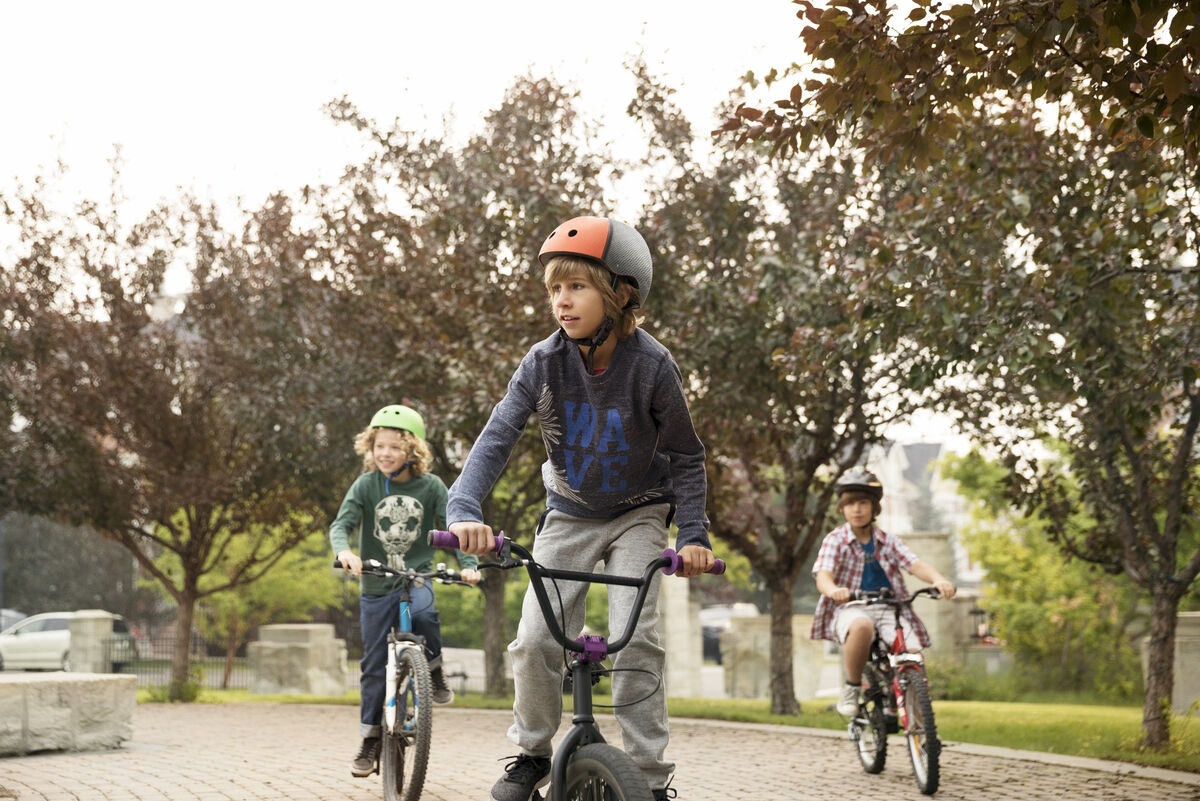 Friends riding bicycles in park