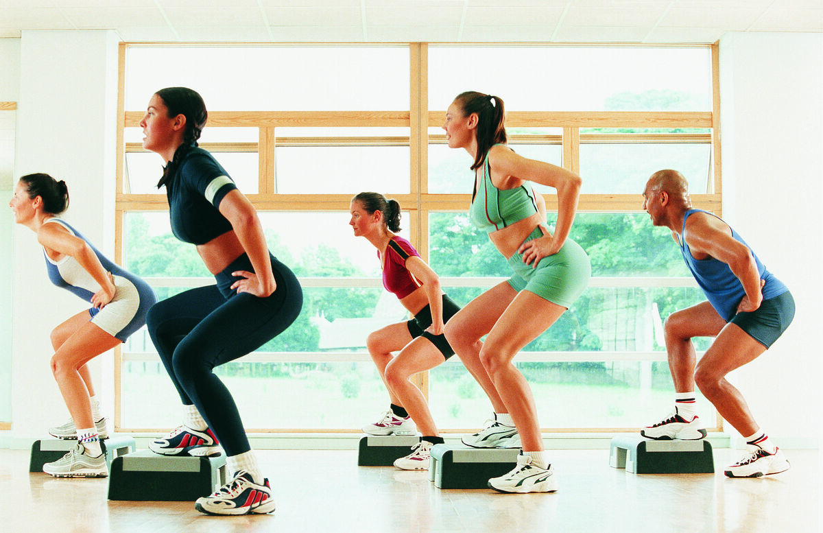 Step aerobics class