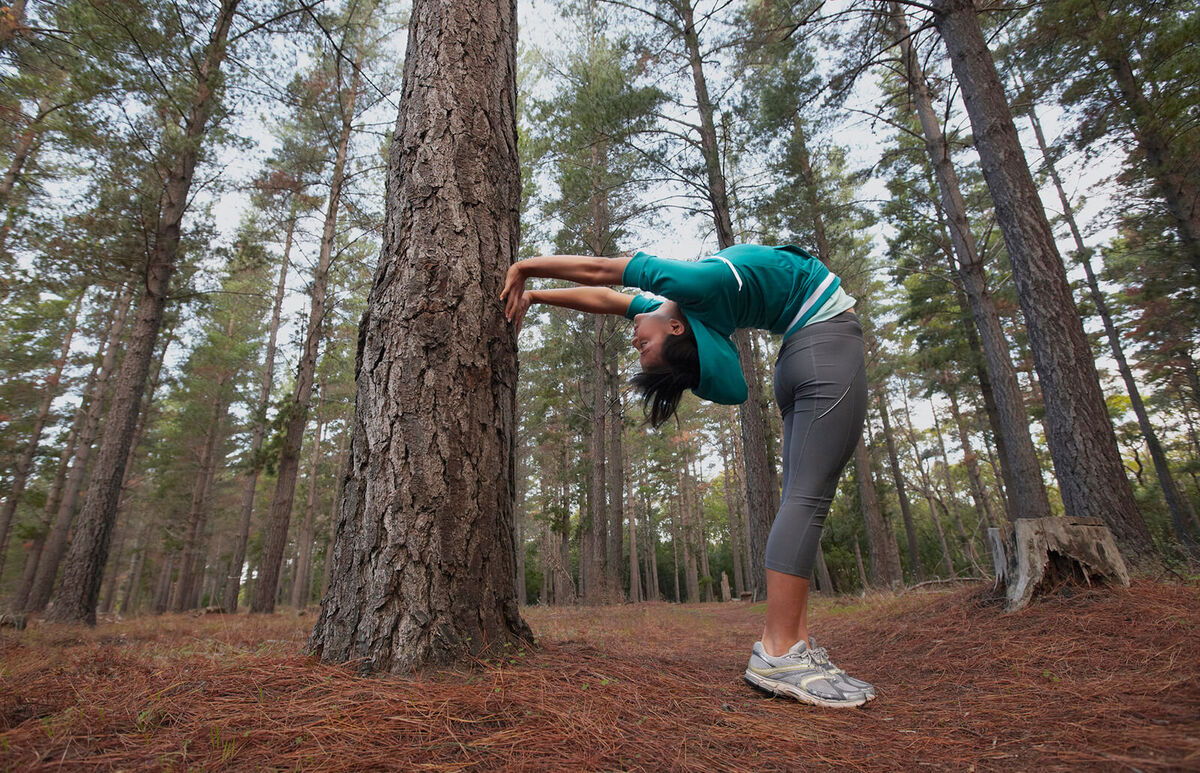 Runner stretching in forest
