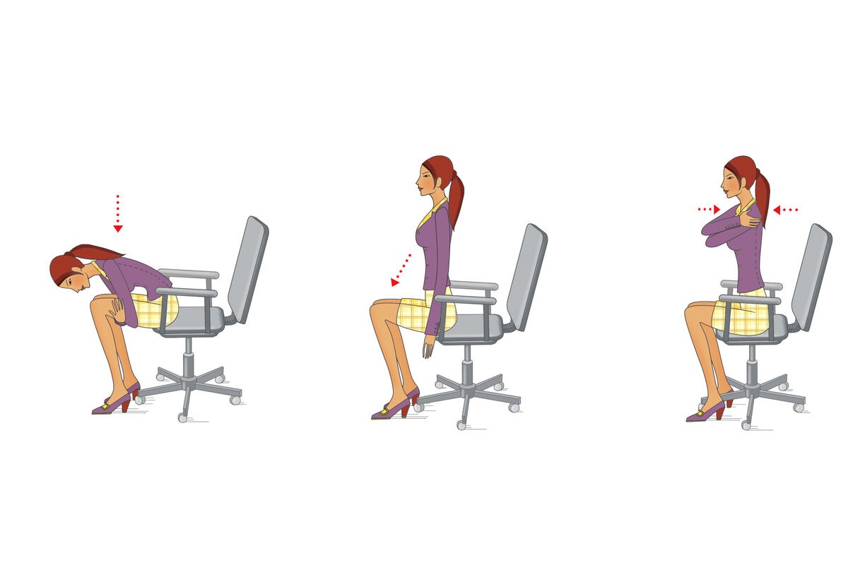 Office worker performs neck exercises