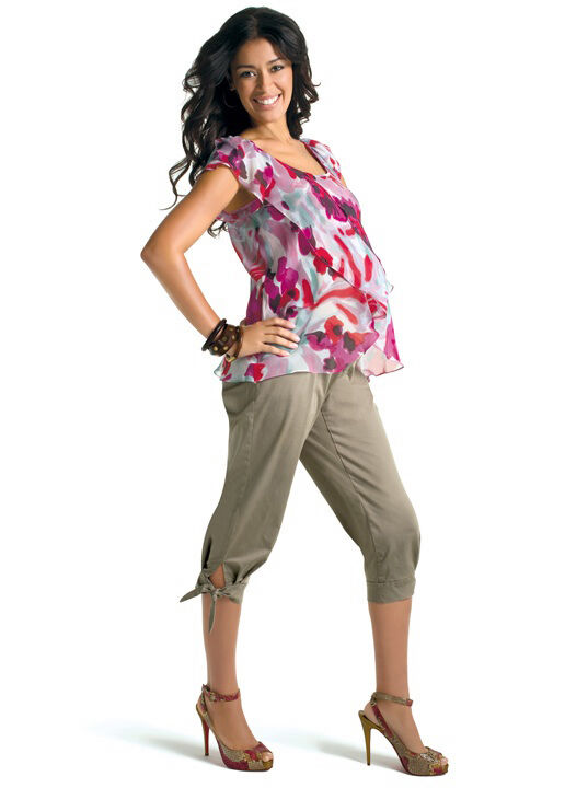Cropped khaki maternity pants with cuff ties