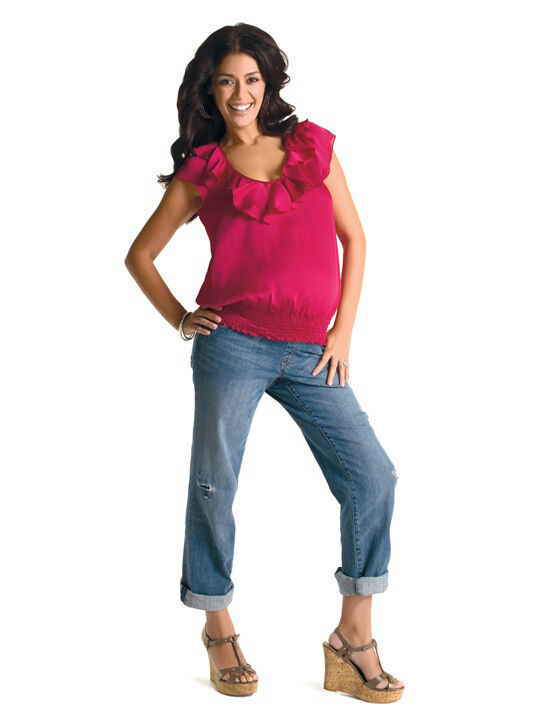 Charmeuse maternity blouse with ruffled neck and banded bottom
