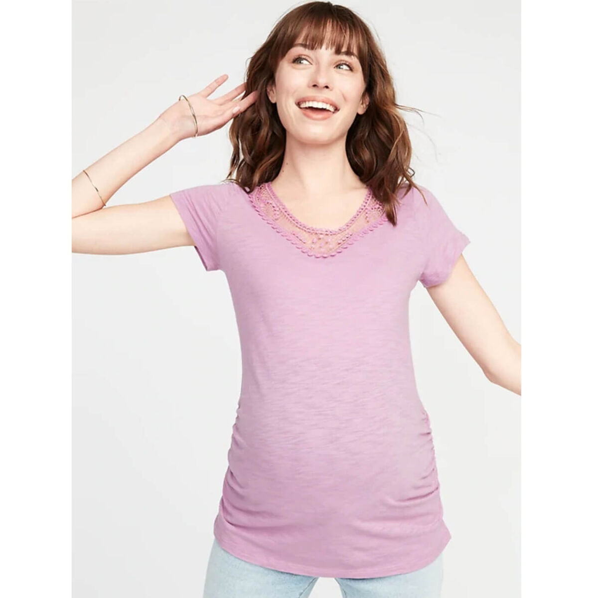pink maternity tee with lace collar