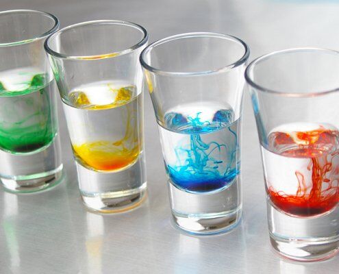 Glasses with water and soluable dyes