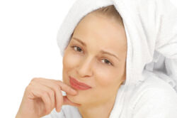 Freshly showered woman with clean pores