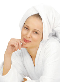 Freshly showered woman with clean pores