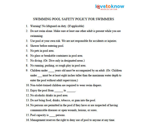 Swimmers safety policy printable
