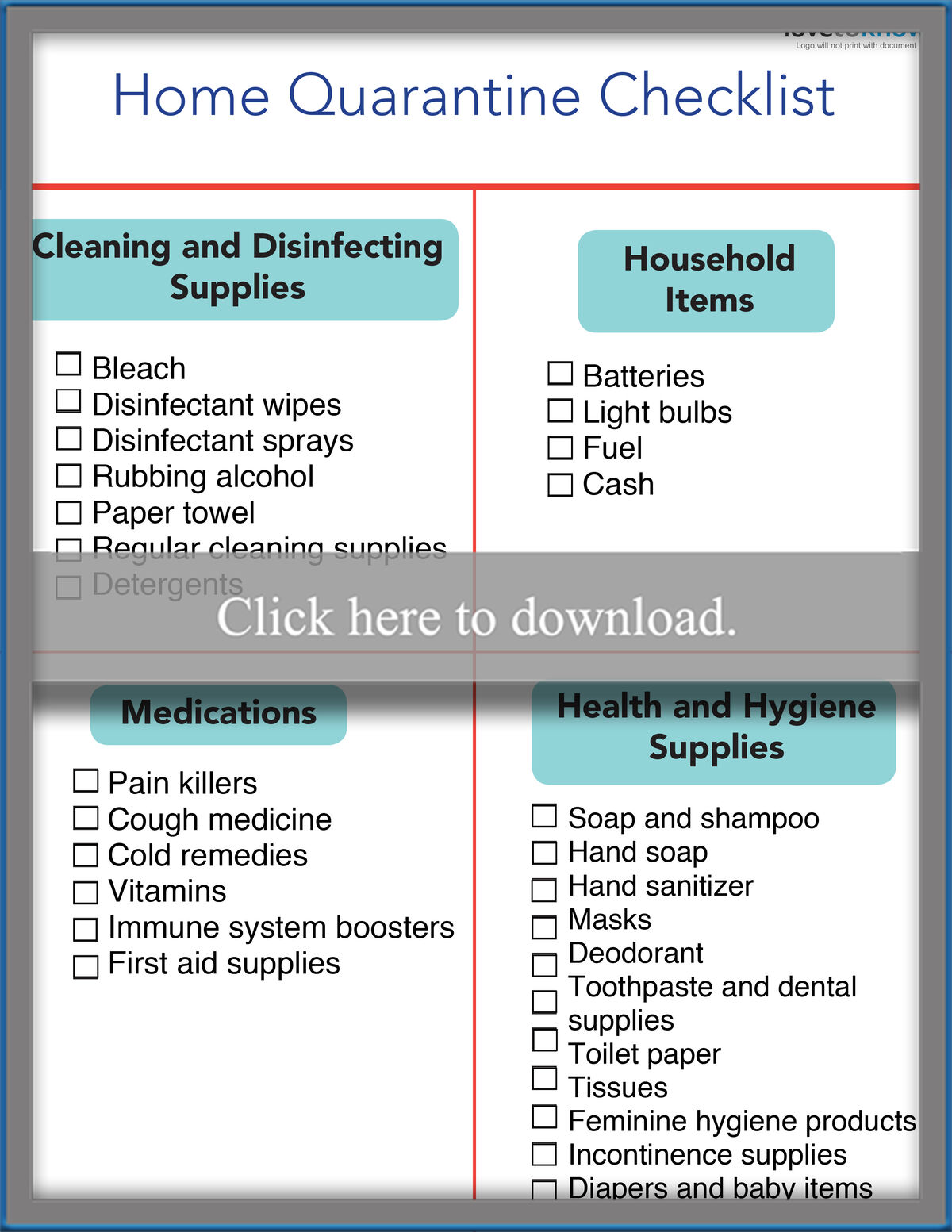 Home Quarantine Checklist Printable
