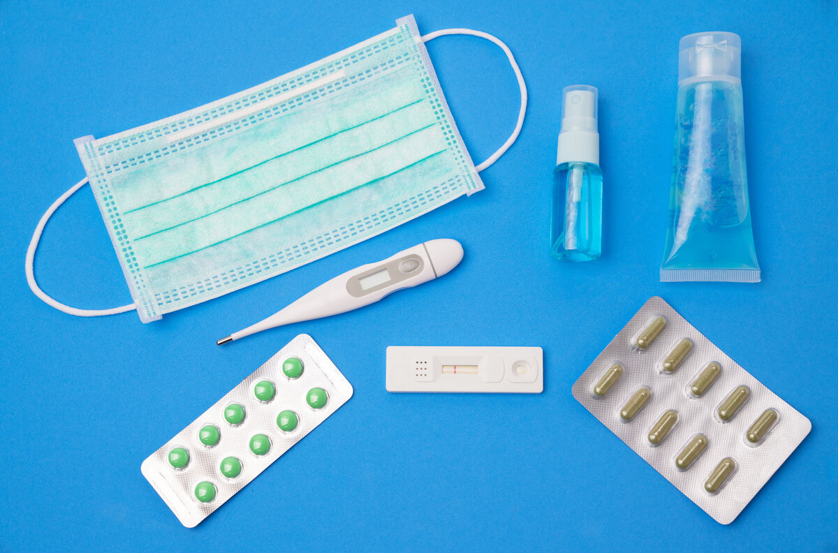 medical surgical masks and hand sanitizer gel for hand hygiene corona virus protection